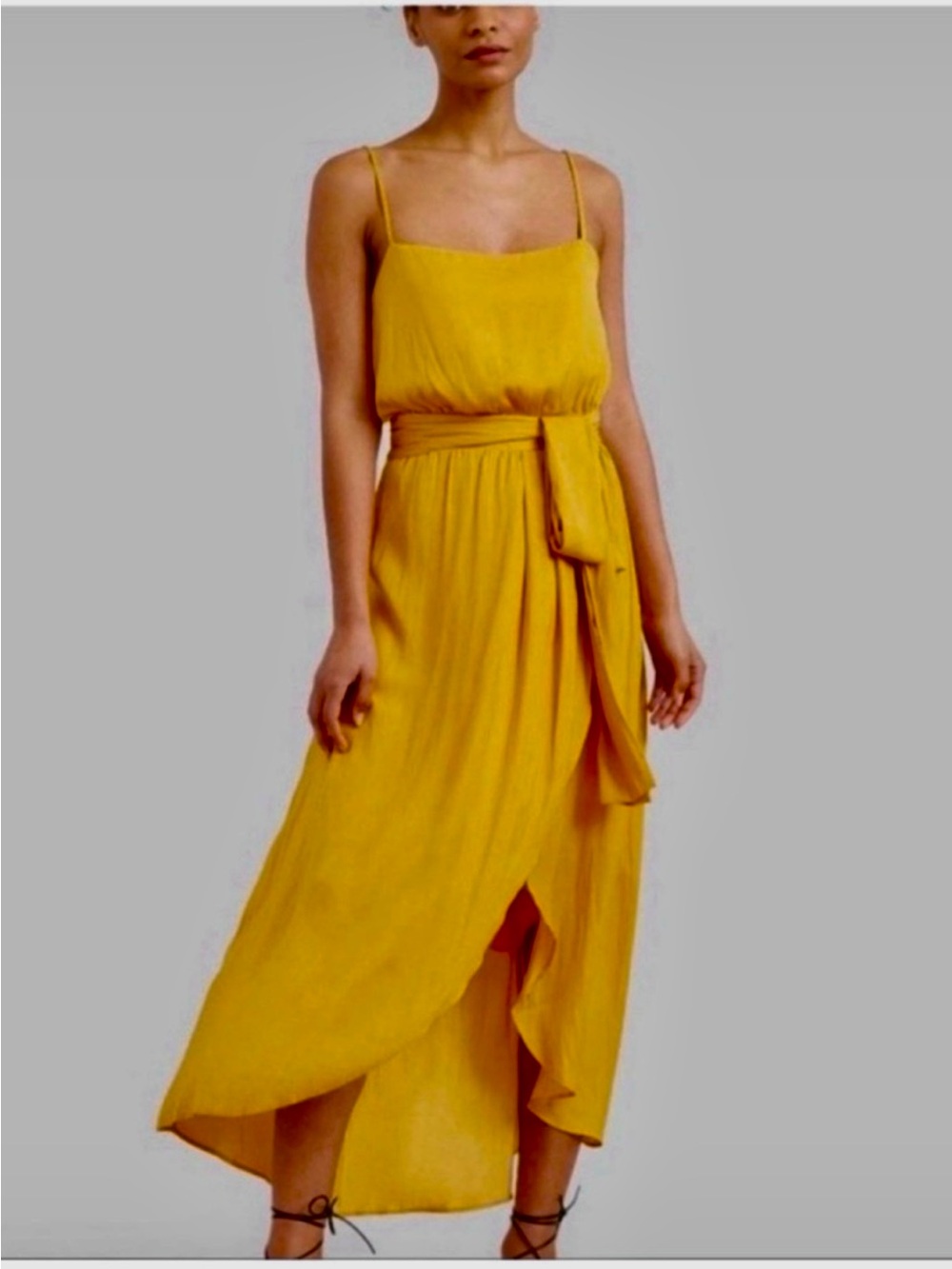 Modern Citizen Mustard Yellow Spaghetti Strap Midi Dress with Waist Tie